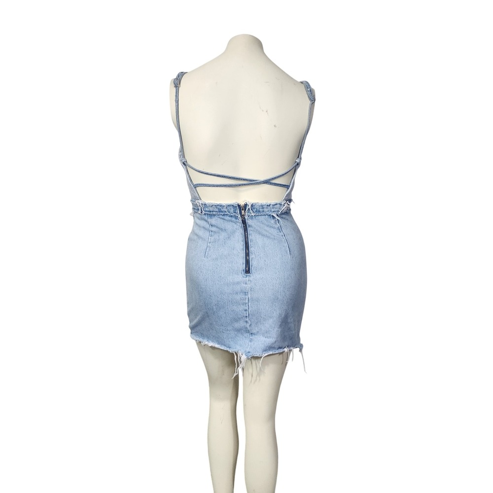 Zara TRF Denim Makers Light Wash Mini Dress XS distressed Open Back cotton - Picture 3 of 13